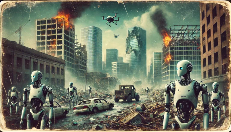 DALL·E 2024-07-06 10.31.24 - A realistic, vintage-style photograph of an AI apocalypse in a modern city. The city is in ruins with debris and broken buildings